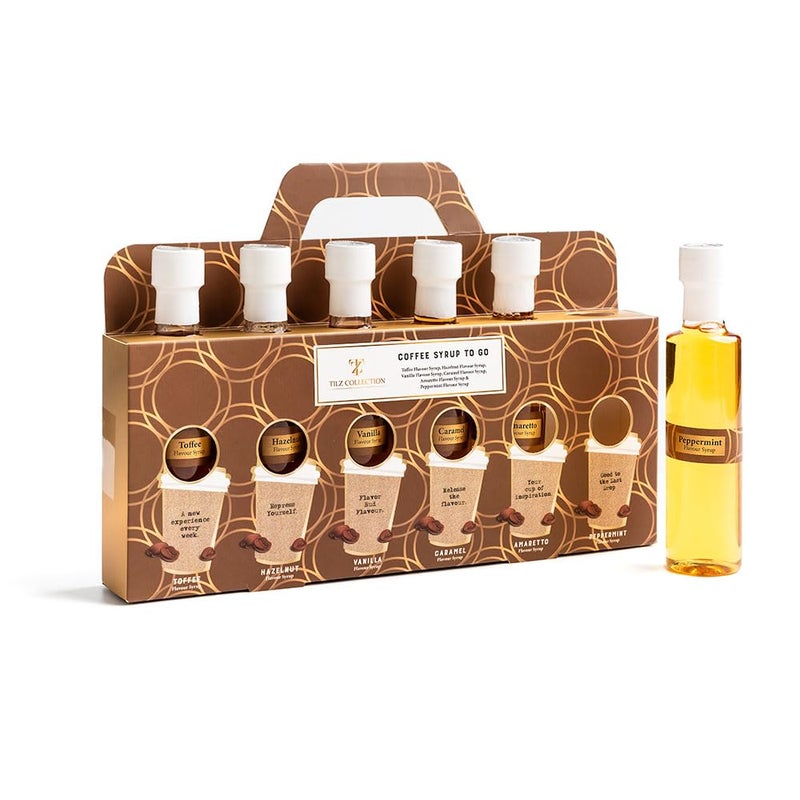 Tilz Premium Coffee Syrup Gift - Set 6 x 75ml Assorted Flavoured Syrup For Coffee Including Vanilla Caramel Toffee Hazelnut Amaretto Peppermint Coffee Lover Gift sets - Image 2